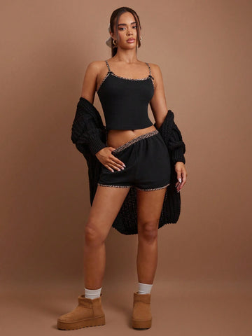COSMINA Women's Leopard Print Trim Camisole And Super Short Shorts 2-Piece Set, Black COSMINA Women's Leopard Print Trim Camisole And Super Short Shorts 2-Piece Set, Black