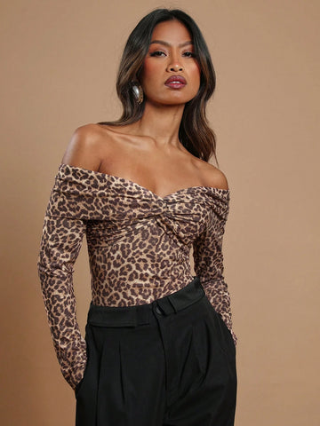 COSMINA Women's Off-Shoulder Long Sleeve Twist Leopard Print Bodysuit, Casual & Minimalist COSMINA Women's Off-Shoulder Long Sleeve Twist Leopard Print Bodysuit, Casual & Minimalist