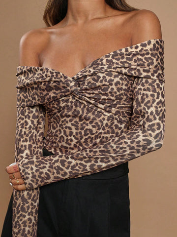COSMINA Women's Off-Shoulder Long Sleeve Twist Leopard Print Bodysuit, Casual & Minimalist COSMINA Women's Off-Shoulder Long Sleeve Twist Leopard Print Bodysuit, Casual & Minimalist