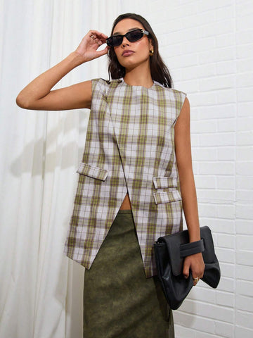 Women's Plaid Print Round Neck Sleeveless Split Hem Casual Loose BlouseWomen's Plaid Print Round Neck Sleeveless Split Hem Casual Loose Blouse Women's Plaid Print Round Neck Sleeveless Split Hem Casual Loose BlouseWomen's Plaid Print Round Neck Sleeveless Split Hem Casual Loose Blouse
