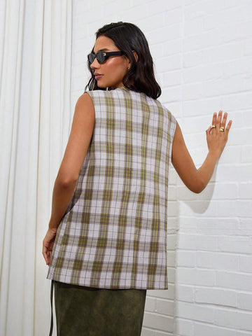 Women's Plaid Print Round Neck Sleeveless Split Hem Casual Loose BlouseWomen's Plaid Print Round Neck Sleeveless Split Hem Casual Loose Blouse Women's Plaid Print Round Neck Sleeveless Split Hem Casual Loose BlouseWomen's Plaid Print Round Neck Sleeveless Split Hem Casual Loose Blouse