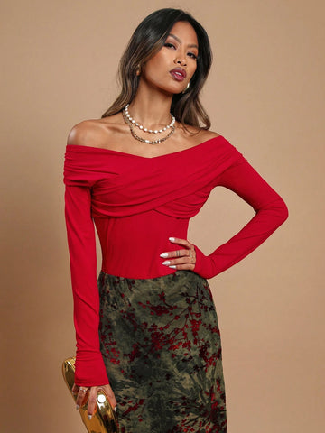 COSMINA Women's Plain Color Ruched Off Shoulder Long Sleeve Bodysuit COSMINA Women's Plain Color Ruched Off Shoulder Long Sleeve Bodysuit