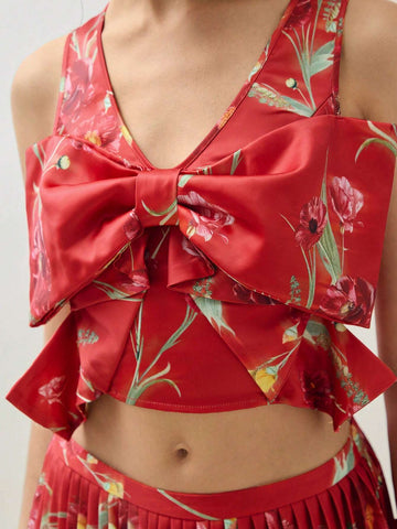 Women's Sleeveless Floral Printed Bow Tie Blouse Top And Pleated Skirt Women's Sleeveless Floral Printed Bow Tie Blouse Top And Pleated Skirt