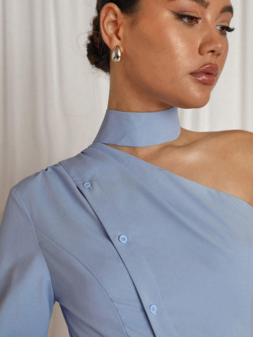 Women's Solid Color Front Button Oblique Shoulder Long Sleeve Simple Casual Shirt Women's Solid Color Front Button Oblique Shoulder Long Sleeve Simple Casual Shirt