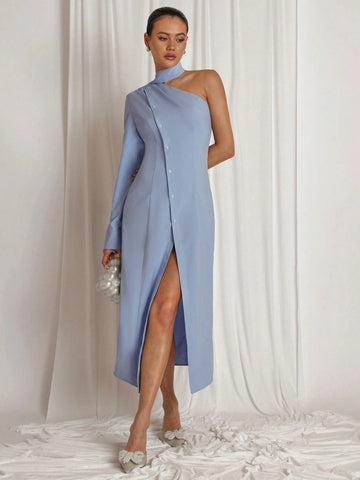 Women's Solid Color Front Button Oblique Shoulder Long Sleeve Simple Casual Shirt Women's Solid Color Front Button Oblique Shoulder Long Sleeve Simple Casual Shirt