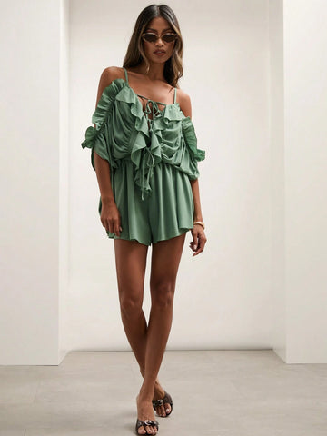 COSMINA Women's Solid Color Open Shoulder Ruffle Hem Casual Jumpsuit COSMINA Women's Solid Color Open Shoulder Ruffle Hem Casual Jumpsuit