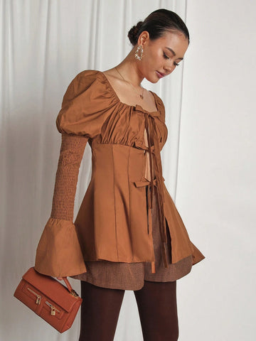 Women's Solid Color Ruffle Bow Bishop Sleeve Elegant Blouse Women's Solid Color Ruffle Bow Bishop Sleeve Elegant Blouse