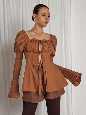 Women's Solid Color Ruffle Bow Bishop Sleeve Elegant Blouse Women's Solid Color Ruffle Bow Bishop Sleeve Elegant Blouse