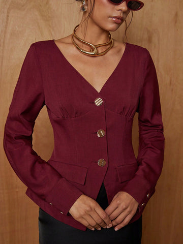Women's Solid V-Neck Front Button Long Sleeve Blouse Women's Solid V-Neck Front Button Long Sleeve Blouse
