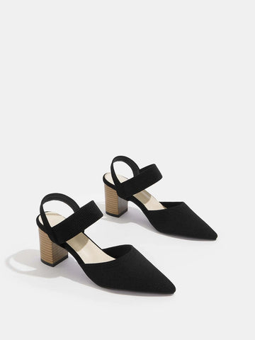 Woman Shoes Minimalist Point Toe Slingback Chunky Black Pumps For Summer Woman Shoes Minimalist Point Toe Slingback Chunky Black Pumps For Summer