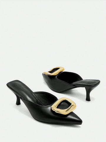 Women Metal Buckle Pointed Toe Thin High Heel Shoes, Elegant Luxury Noble Black Color Women Metal Buckle Pointed Toe Thin High Heel Shoes, Elegant Luxury Noble Black Color