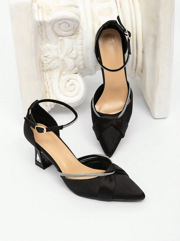 Black Pointed Toe Crystal Embellished Thick High Heel Closed Toe Women Black Pointed Toe Crystal Embellished Thick High Heel Closed Toe Women