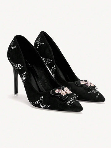 Fashionable Elegant Rhinestone Bow Decor Pointed Toe High Heels For Christmas Fashionable Elegant Rhinestone Bow Decor Pointed Toe High Heels For Christmas