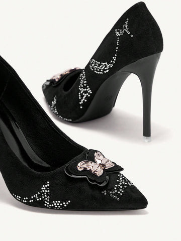 Fashionable Elegant Rhinestone Bow Decor Pointed Toe High Heels For Christmas Fashionable Elegant Rhinestone Bow Decor Pointed Toe High Heels For Christmas