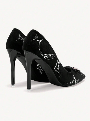 Fashionable Elegant Rhinestone Bow Decor Pointed Toe High Heels For Christmas Fashionable Elegant Rhinestone Bow Decor Pointed Toe High Heels For Christmas