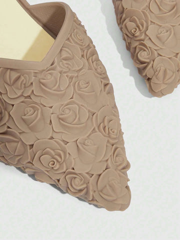 Woman Shoes Vacation Flower Decor Mules, PVC Sculptural Heeled Brown Woman Shoes Vacation Flower Decor Mules, PVC Sculptural Heeled Brown