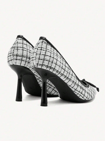 Women Plaid Pattern Bow Decor Casual High Heel Pumps Women Plaid Pattern Bow Decor Casual High Heel Pumps