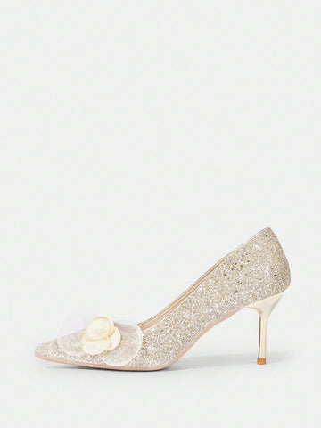 Pointed Toe Floral Decorated High Heel Wedding Party Pumps For Women Pointed Toe Floral Decorated High Heel Wedding Party Pumps For Women