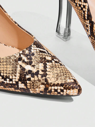 Women's Snake Print Pointed Toe Transparent Heel Sexy Elegant High Heel Pumps Women's Snake Print Pointed Toe Transparent Heel Sexy Elegant High Heel Pumps