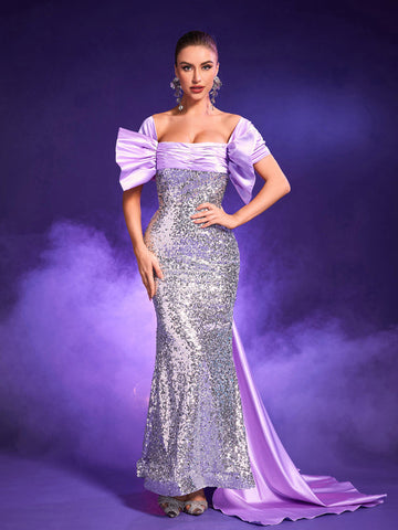Candra Patchwork Bow Sequin Maxi Dress Candra Patchwork Bow Sequin Maxi Dress