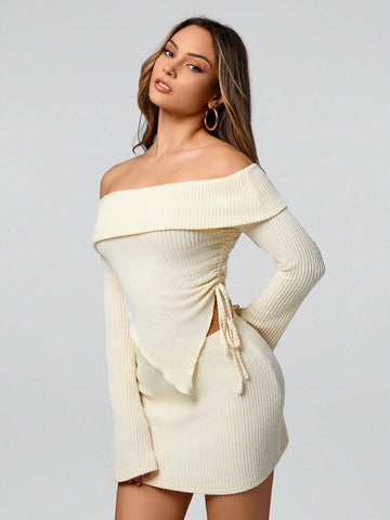 Casual Knitted Hollow Out Stripe Off-Shoulder Women Suit, Ladies Spring/Fall Sexy Drawstring, Rib-Knit, Ruched Long Sleeve Loose Black Flare Sleeve Tee Skirt Women Two-Piece Outfits, Casual Daily Wear Casual Knitted Hollow Out Stripe Off-Shoulder Women Suit, Ladies Spring/Fall Sexy Drawstring, Rib-Knit, Ruched Long Sleeve Loose Black Flare Sleeve Tee Skirt Women Two-Piece Outfits, Casual Daily Wear