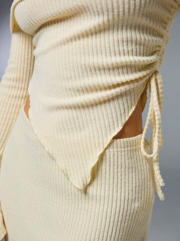 Casual Knitted Hollow Out Stripe Off-Shoulder Women Suit, Ladies Spring/Fall Sexy Drawstring, Rib-Knit, Ruched Long Sleeve Loose Black Flare Sleeve Tee Skirt Women Two-Piece Outfits, Casual Daily Wear Casual Knitted Hollow Out Stripe Off-Shoulder Women Suit, Ladies Spring/Fall Sexy Drawstring, Rib-Knit, Ruched Long Sleeve Loose Black Flare Sleeve Tee Skirt Women Two-Piece Outfits, Casual Daily Wear