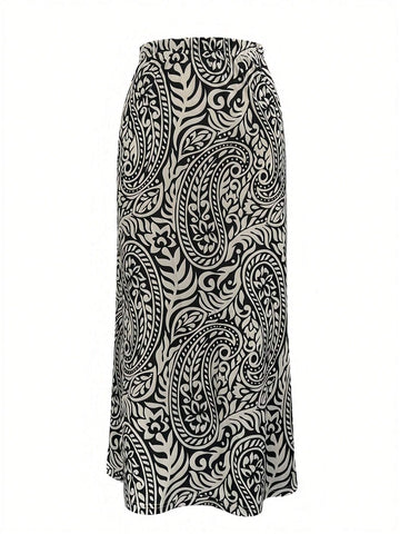 Casual Paisley Flower Pattern Long Skirt, Autumn Casual Paisley Flower Pattern Long Skirt, Autumn