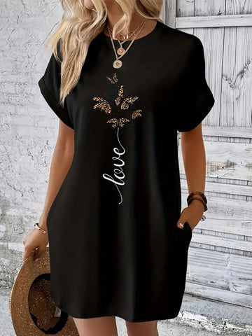 Casual Round Neck Short Sleeve Butterfly & Letter Print Dress With Pocket, Spring/Summer, Women Casual Round Neck Short Sleeve Butterfly & Letter Print Dress With Pocket, Spring/Summer, Women