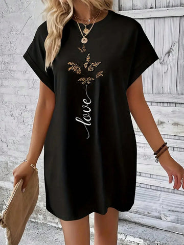 Casual Round Neck Short Sleeve Butterfly & Letter Print Dress With Pocket, Spring/Summer, Women Casual Round Neck Short Sleeve Butterfly & Letter Print Dress With Pocket, Spring/Summer, Women