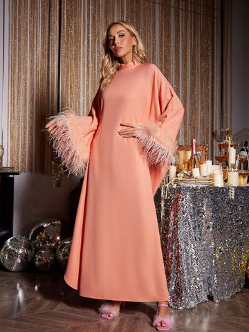 Ceridwen Long Sleeve Feather Maxi Dress In Orange Ceridwen Long Sleeve Feather Maxi Dress In Orange