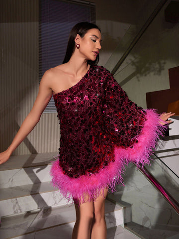 Ceridwen One Shoulder Feather Sequin Dress Ceridwen One Shoulder Feather Sequin Dress