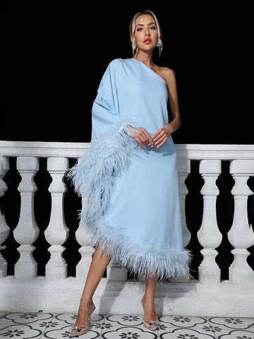 Ceridwen One Shoulder Feather Trimmed Midi Dress Ceridwen One Shoulder Feather Trimmed Midi Dress