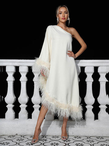 Ceridwen One Shoulder Feather Trimmed Midi Dress Ceridwen One Shoulder Feather Trimmed Midi Dress