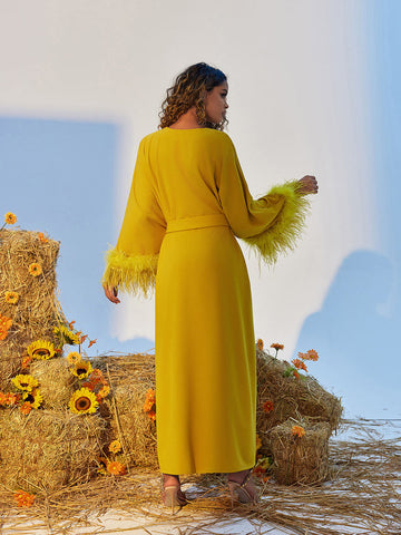 Ceridwen V Neck Feather Trimmed Split Maxi Dress Ceridwen V Neck Feather Trimmed Split Maxi Dress