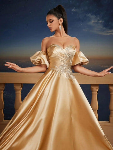 Champagne Satin Puff Sleeve Ball Gown Dresses For Women, Romantic Princess Bridesmaid Dress Champagne Satin Puff Sleeve Ball Gown Dresses For Women, Romantic Princess Bridesmaid Dress