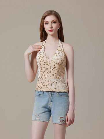 Champagne Sequin Halter Top With Open Back For Summer Champagne Sequin Halter Top With Open Back For Summer