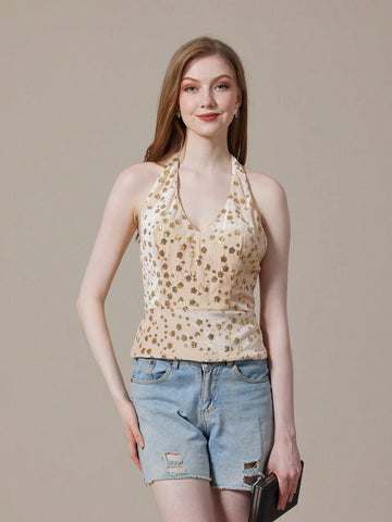Champagne Sequin Halter Top With Open Back For Summer Champagne Sequin Halter Top With Open Back For Summer