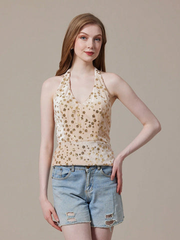 Champagne Sequin Halter Top With Open Back For Summer Champagne Sequin Halter Top With Open Back For Summer