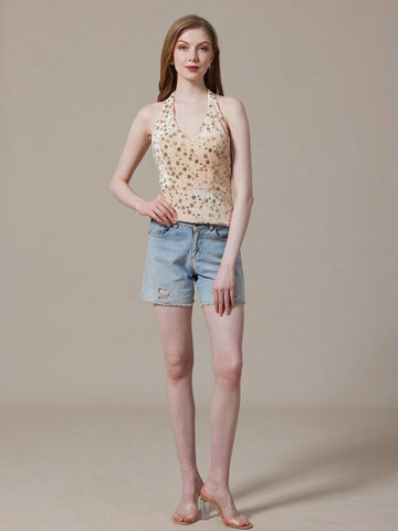 Champagne Sequin Halter Top With Open Back For Summer Champagne Sequin Halter Top With Open Back For Summer