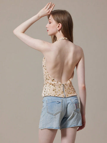 Champagne Sequin Halter Top With Open Back For Summer Champagne Sequin Halter Top With Open Back For Summer