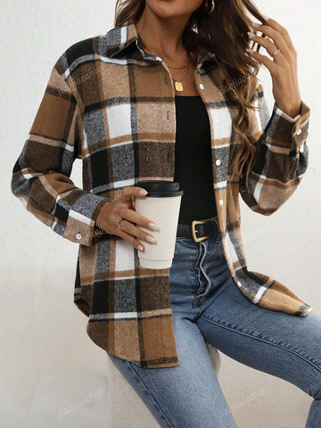 Charming Plaid Print Women Shirt Jacket - Button Collar, Long Sleeve, Suitable For Spring & Autumn - Versatile Casual Wear, Charming Plaid Print Women Shirt Jacket - Button Collar, Long Sleeve, Suitable For Spring & Autumn - Versatile Casual Wear,