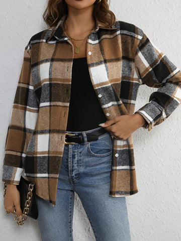 Charming Plaid Print Women Shirt Jacket - Button Collar, Long Sleeve, Suitable For Spring & Autumn - Versatile Casual Wear, Charming Plaid Print Women Shirt Jacket - Button Collar, Long Sleeve, Suitable For Spring & Autumn - Versatile Casual Wear,