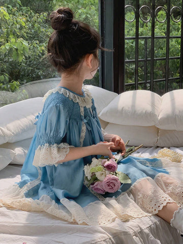 Chen Chen Mom Girls" Clothing Heavenly Silk French Short Sleeve Dress Baby Fashionable Princess Dress 2024 New Summer Outfit 3982D Blue Chen Chen Mom Girls" Clothing Heavenly Silk French Short Sleeve Dress Baby Fashionable Princess Dress 2024 New Summer Outfit 3982D Blue