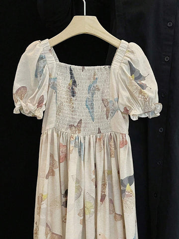 Chen Chen Mom's New Stylish Butterfly Printed Dress For Girls, Square Neckline, Gathered Waist, Puff Sleeves, A-Line Skirt, Summe Chen Chen Mom's New Stylish Butterfly Printed Dress For Girls, Square Neckline, Gathered Waist, Puff Sleeves, A-Line Skirt, Summe