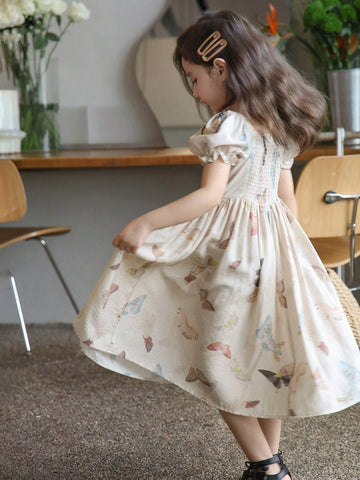 Chen Chen Mom's New Stylish Butterfly Printed Dress For Girls, Square Neckline, Gathered Waist, Puff Sleeves, A-Line Skirt, Summe Chen Chen Mom's New Stylish Butterfly Printed Dress For Girls, Square Neckline, Gathered Waist, Puff Sleeves, A-Line Skirt, Summe