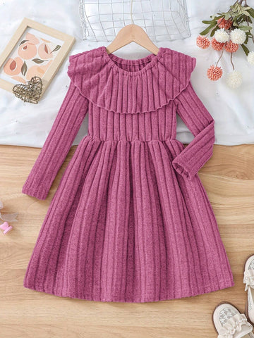 Chic Girls' Knit Ribbed Long Sleeve Dress - Lightweight & Stretchy, Perfect For Spring/Fall Chic Girls' Knit Ribbed Long Sleeve Dress - Lightweight & Stretchy, Perfect For Spring/Fall