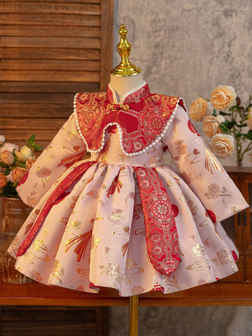 Chinese Style Young Girl Cheongsam Collar Red Chinese New Year Dress, Chinese Style Young Girl Cheongsam Collar Red Chinese New Year Dress,