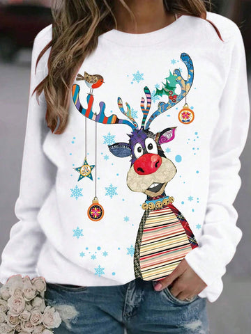 Christmas Snowflake & Reindeer Print Crew Neck Casual Long Sleeve T-Shirt Christmas Snowflake & Reindeer Print Crew Neck Casual Long Sleeve T-Shirt