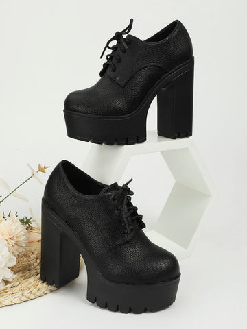 Chunky Heeled Lace-up Front Oxford Pumps Chunky Heeled Lace-up Front Oxford Pumps