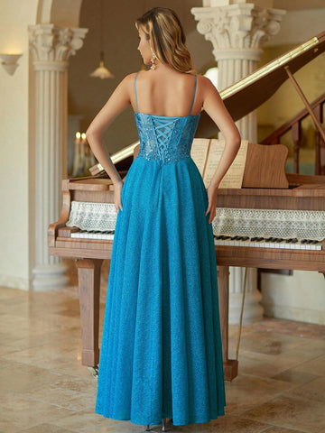 Classic Spaghetti Applique Deep V-Neck Column Prom Dress Classic Spaghetti Applique Deep V-Neck Column Prom Dress